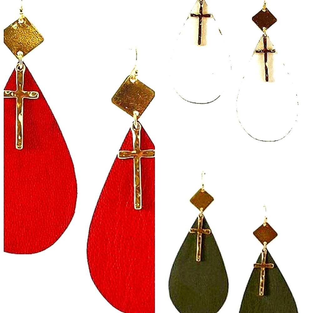 Bella K 3 SET LEATHER TEARDROP CROSS  EARRINGS